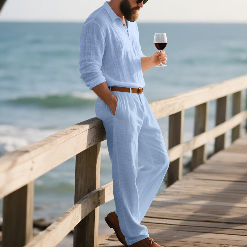 Men's Linen POLO Long-sleeved Trousers Casual Suit Solid Color Two-piece Set